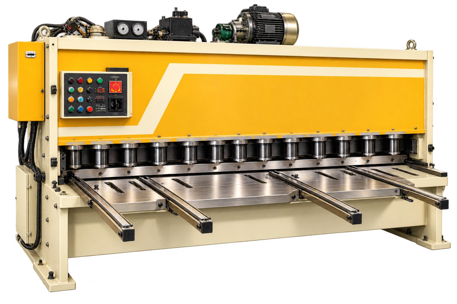 Yellow and ivory hydraulic sheet shearing machine