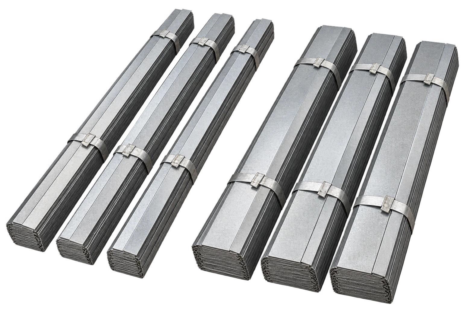 Narrow and wide steel strips stacked in bulk bundles with silver packing straps