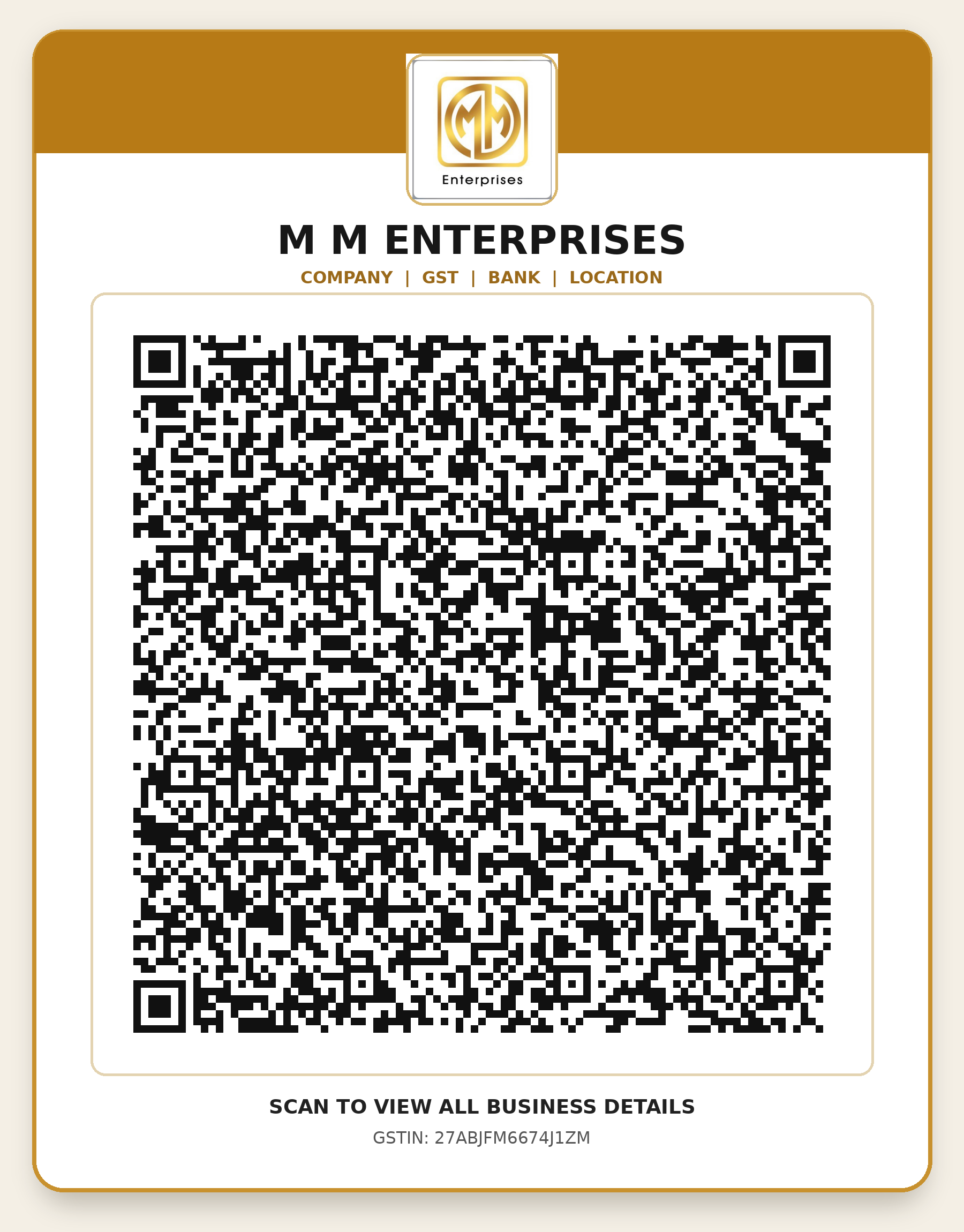Official MM Enterprises company, GST, bank and location QR